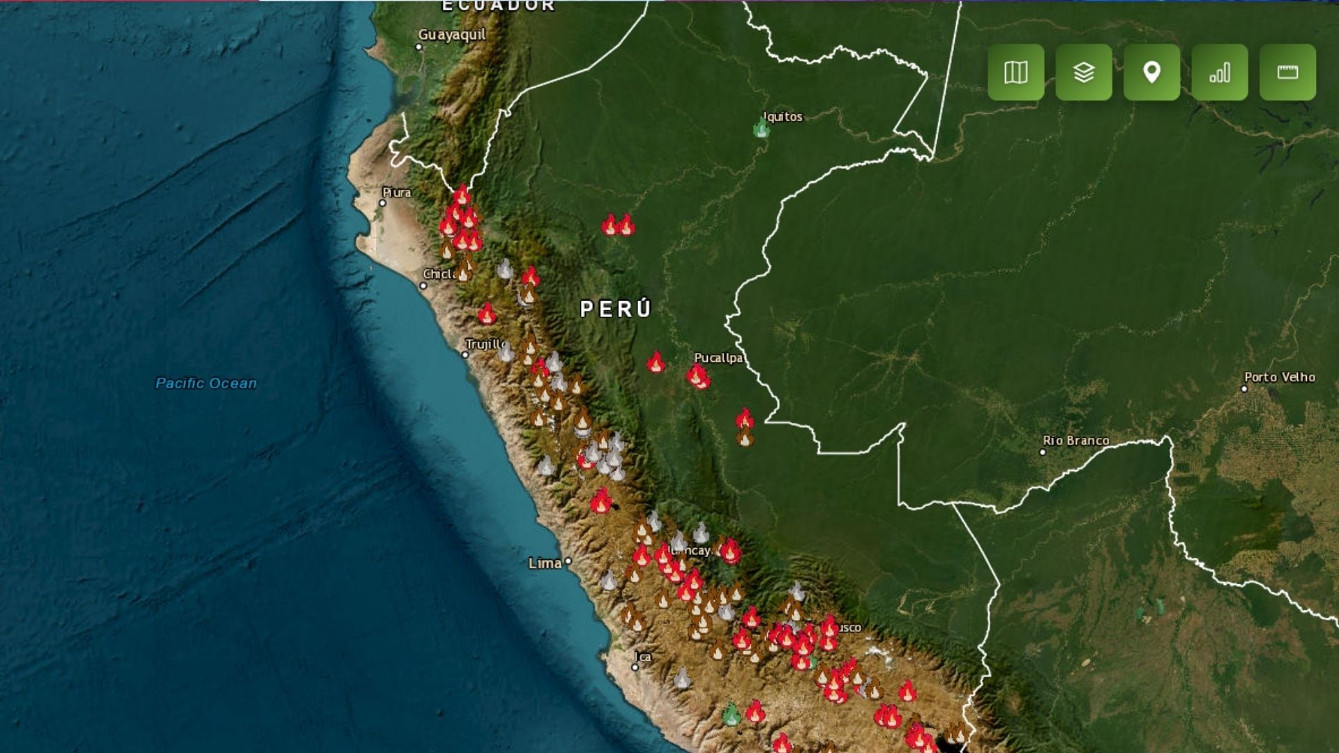 El Servicio Nacional Forestal y de Fauna Silvestre registró 56 incendios forestales activos en 14 regiones del Perú el 13 de octubre. (Serfor)