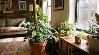 Una planta Monstera Adansonii en una maceta grande de terracota con un poste de musgo, situada junto a una ventana y una estantería de libros en un apartamento iluminado.