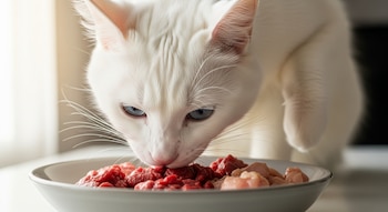 Primer plano de un gato blanco con ojos azules comiendo trozos de carne roja y clara de un tazón blanco. El gato se inclina sobre el plato.