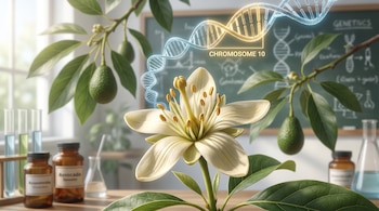 Una flor de aguacate en primer plano con hojas y frutos. Fondo con material de laboratorio, pizarras y una doble hélice de ADN con "CROMOSOMA 10".