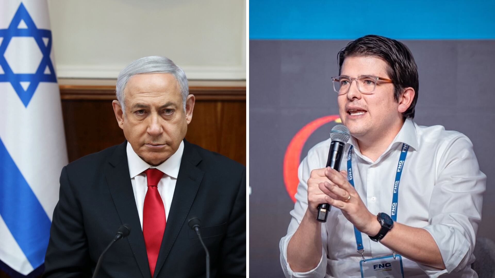 A pesar de la crisis en su país, el primer ministro de Israel, Benjamín Netanyahu, hizo una pausa para condenar el atentado y enviar un mensaje a Colombia - crédito Abir Sultan/Reuters - Miguel Uribe/Facebook