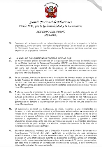 Acuerdo del JNE que rechaza elecciones complementarias