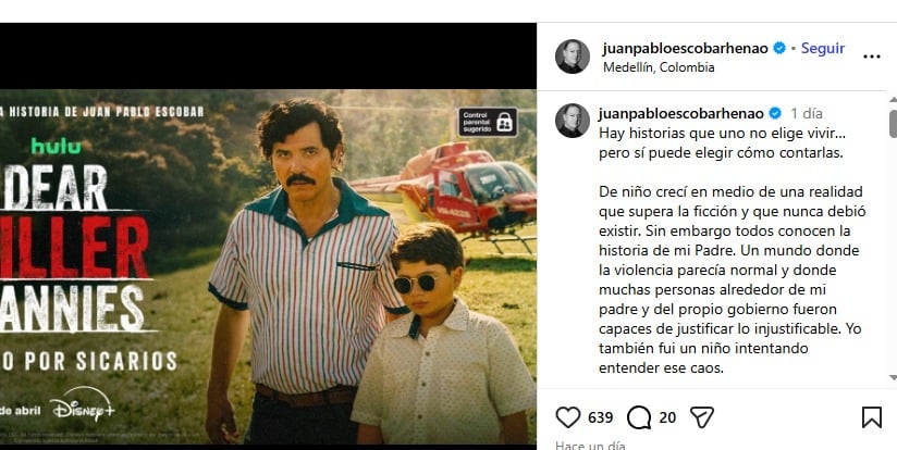 El hijo del fundador del cartel de Medellín rompió el silencio antes del estreno de su serie - crédito @juanpabloescobarhenao/Instagram