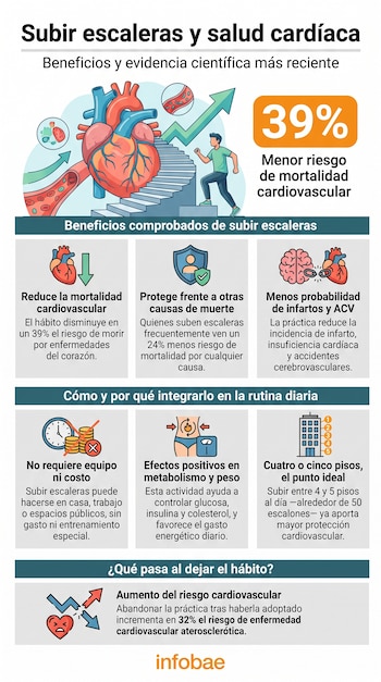 Infografía con título "Subir escaleras y salud cardíaca". Corazón humano, persona subiendo escaleras, flechas ascendentes, porcentaje 39%, texto y recuadros explicativos. Logotipo Infobae.