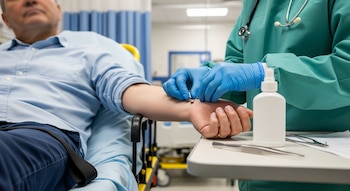 Primer plano de un profesional médico con guantes azules retirando una garrapata del antebrazo de un paciente en una camilla de emergencias, con un repelente y pinzas cerca.