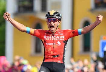Cycling - Giro d'Italia - Stage 17 - Ponte di Legno to Lavarone, Italy - May 25, 2022 Bahrain - Victorious' Santiago Buitrago celebrates after crossing the line to win stage 17 REUTERS/Jennifer Lorenzini TPX IMAGES OF THE DAY