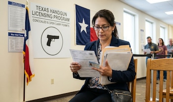 Una mujer en gafas revisa documentos y una identificación en una oficina de licencias de armas de Texas, con un cartel y la bandera estatal al fondo