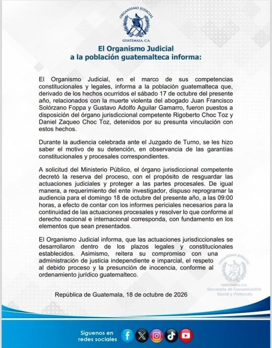 El órgano jurisdiccional decretó la reserva total del proceso penal a petición del Ministerio Público tras la audiencia inicial, informó el Organismo Judicial. (Organismo Judicial)