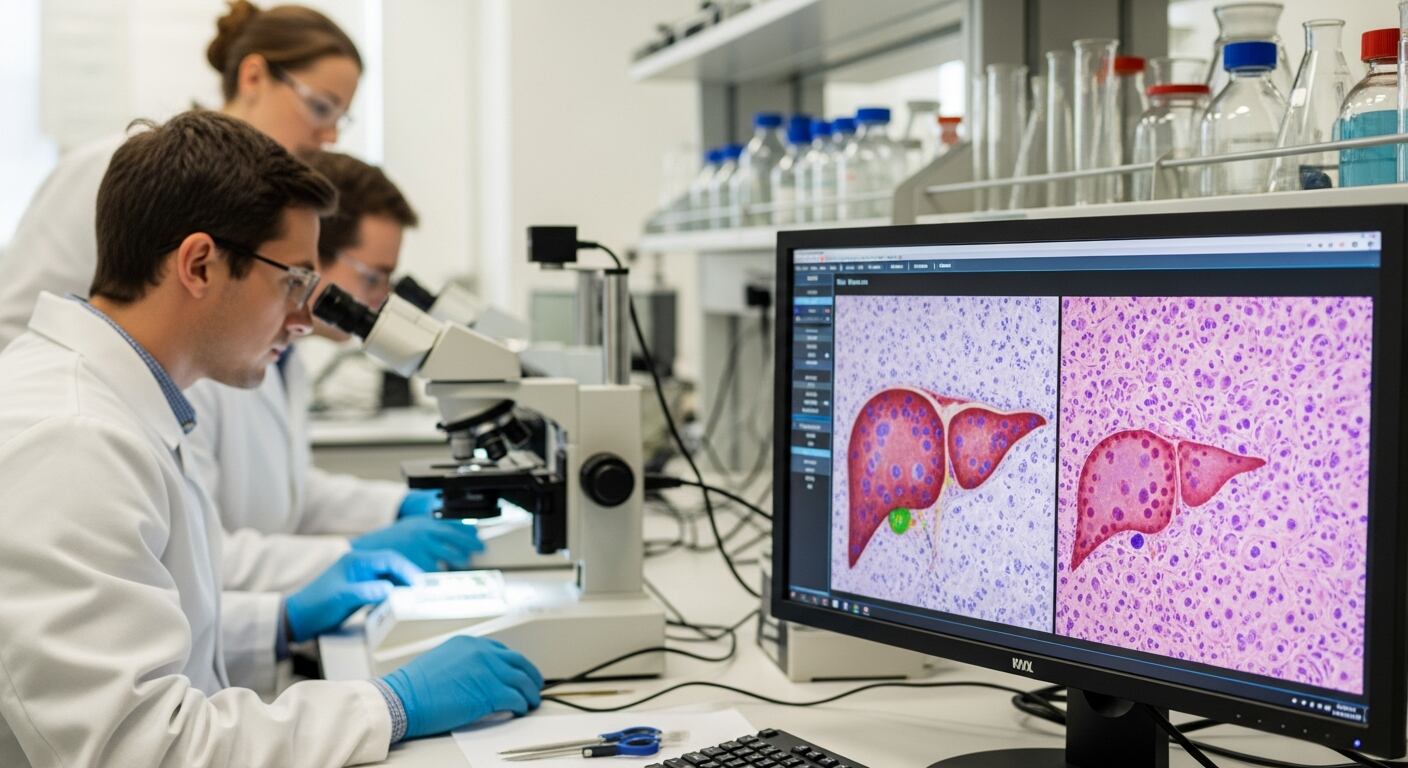Un grupo de investigadores trabaja en un laboratorio moderno, analizando muestras celulares a través de microscopios y examinando imágenes de tejido hepático en la pantalla de una computadora. El equipo utiliza tecnología avanzada para estudiar posibles enfermedades y desarrollar tratamientos innovadores. (Imagen Ilustrativa Infobae)