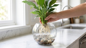 Una mano sostiene una planta verde con raíces blancas sobre una vasija redonda de vidrio con agua y piedras.