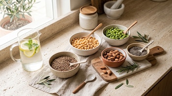 Cuencos con lentejas, garbanzos, edamame, almendras y chía sobre una encimera junto a una jarra de agua con rodajas de limón y menta