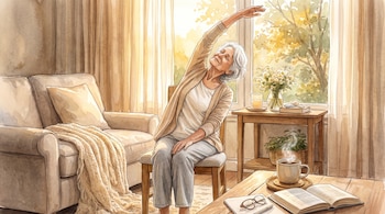 Mujer mayor de cabello blanco sentada en silla, estirando un brazo. Sofá con manta, mesa auxiliar con flores y vela. Mesa de centro con libro, gafas y taza.