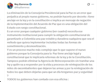 El exembajador Roy Barreras aseguró que es un error eliminar la Consejeria Presidencial para la Paz - crédito @RoyBarreras/X