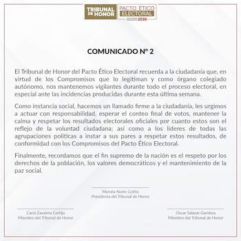 Documento blanco con el título "COMUNICADO N° 2" y logotipos del Tribunal de Honor y Pacto Ético Electoral. Incluye texto sobre elecciones y nombres de firmantes