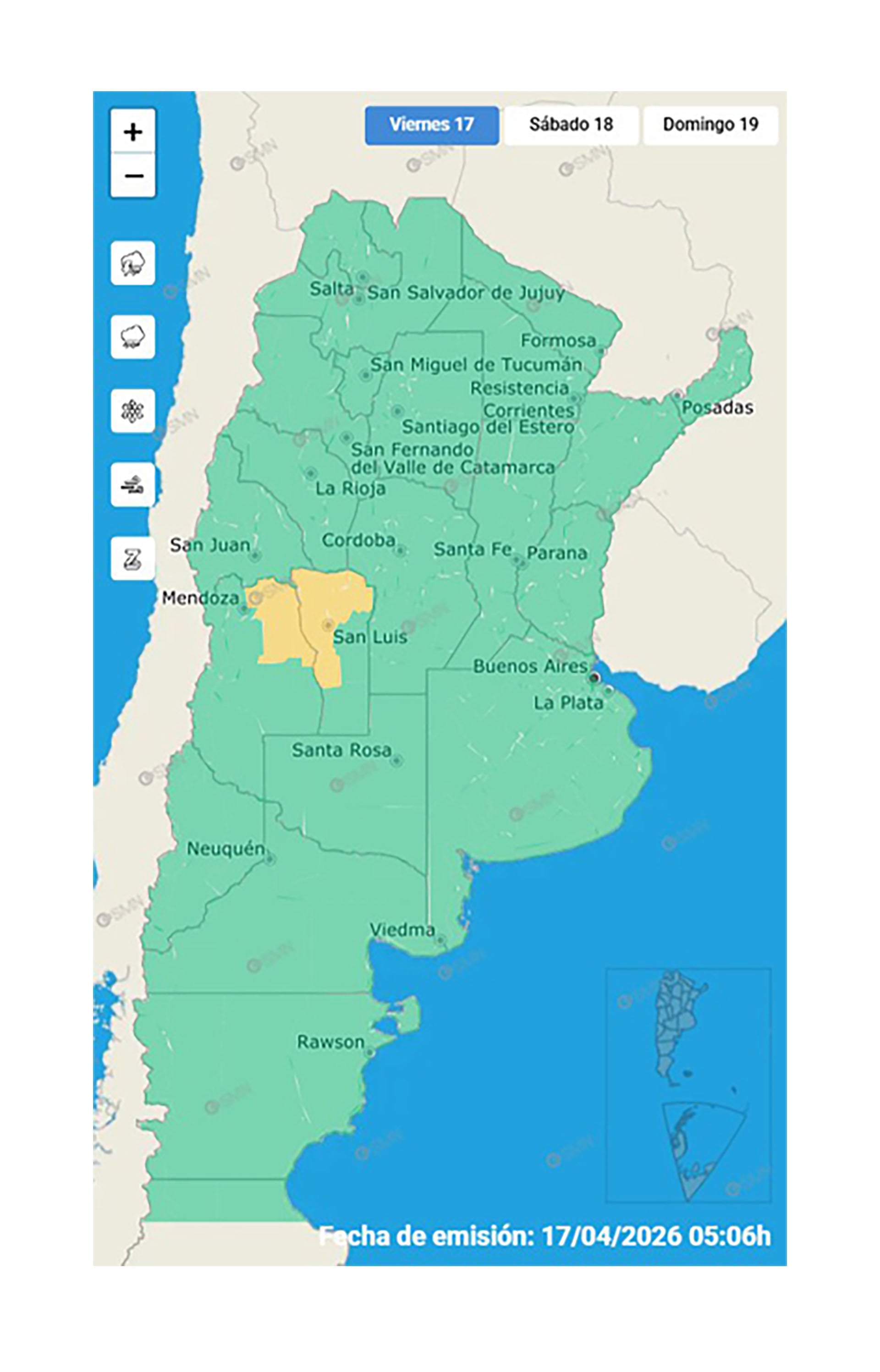 El Servicio Meteorológico Nacional (SMN) publica el pronóstico del clima para Argentina, destacando un área con alerta en las regiones de Cuyo y central del país. (SMN)