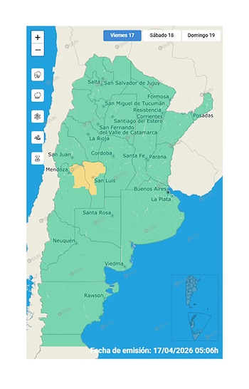 Mapa de Argentina mostrando el pronóstico del tiempo del SMN para el 17 de abril de 2026, con la mayor parte del país en verde y el centro-oeste en amarillo