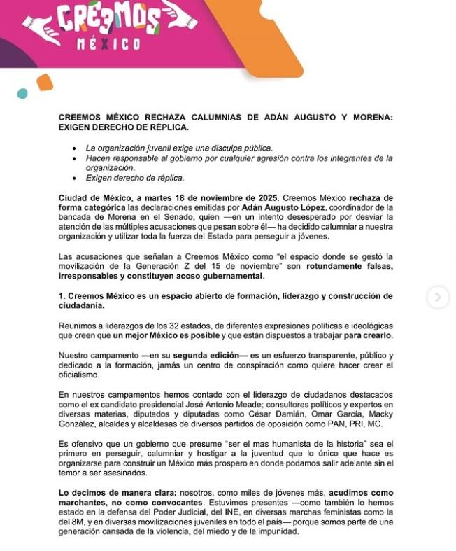 Comunicado de Creemos México rezando declaraciones de Adán Augusto López. IG: @creemos.mx