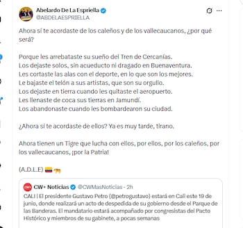 El candidato presidencial Abelardo de la Espriella hizo una crítica al presidente Gustavo Petro luego de que anunciara que realizará un acto de despedida en Cali - crédito @ABDELAESPRIELLA/X