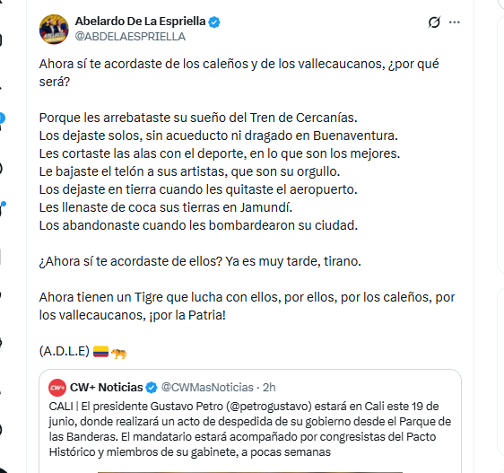 El candidato presidencial Abelardo de la Espriella hizo una crítica al presidente Gustavo Petro luego de que anunciara que realizará un acto de despedida en Cali - crédito @ABDELAESPRIELLA/X