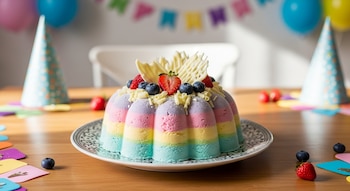 Pastel helado de capas multicolor con fresas, arándanos y chocolate blanco, servido en un plato sobre una mesa de madera con gorros y globos de fiesta.