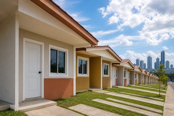 Fila de casas unifamiliares de un piso con fachadas beige, puertas blancas, césped frontal y rascacielos en el horizonte.