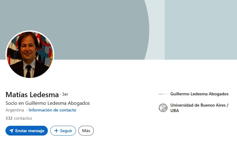El perfil de Linkedin del abogado penalista Matías Ledesma