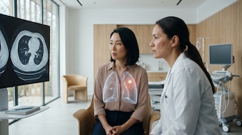 En un consultorio, una paciente y su médica miran una tomografía pulmonar en pantalla grande. Sobre la paciente se proyectan pulmones translúcidos con un nódulo luminoso.