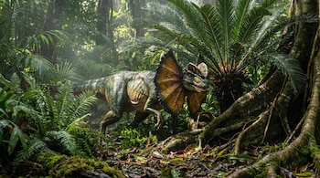 Un dinosaurio tipo Dilofosaurio con cresta y gorguera colorida camina entre la densa vegetación de una selva, con grandes hojas y troncos de árboles visibles.