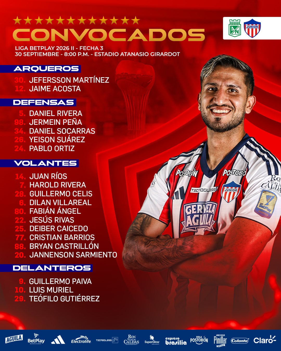 El equipo de Sebastián Viera tendrá a los siguientes dirigidos para el juego en Medellín-crédito @JuniorClubSA/X