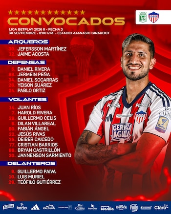 El equipo de Sebastián Viera tendrá a los siguientes dirigidos para el juego en Medellín-crédito @JuniorClubSA/X