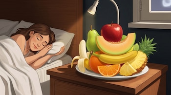 Una persona joven duerme en una cama al lado de una mesita de noche con un plato grande de frutas variadas bajo una lámpara encendida y una ventana oscura.