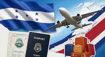 Bandera de Honduras, bandera de Costa Rica, avión, dos pasaportes con el escudo de Costa Rica, y varias maletas de diferentes colores y tamaños.