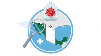 Ilustración digital de un mapa de México rodeado por un escudo sanitario, con una lupa enfocando la frontera norte y aeropuertos. Un virus de Ébola está bajo una campana de vidrio.