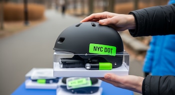 Una mano de adulto sostiene un casco de bicicleta negro mate con un logo verde de NYC DOT y un set de luces, sobre una mesa de distribución en un parque.