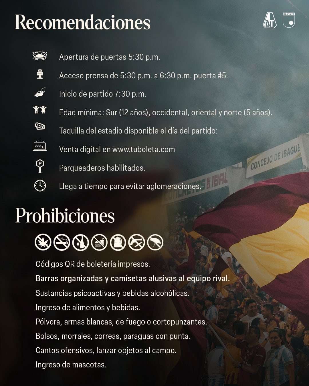 Estas son las disposiciones de seguridad en las tribunas para el duelo Tolima vs. Santa Fe por la Liga BetPlay en Ibagué - crédito Deportes Tolima