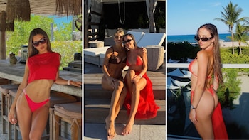 Tres mujeres en bikini y lentes de sol en distintas fotografías. Se observan playas, palmeras, vegetación tropical y mobiliario de madera en exteriores