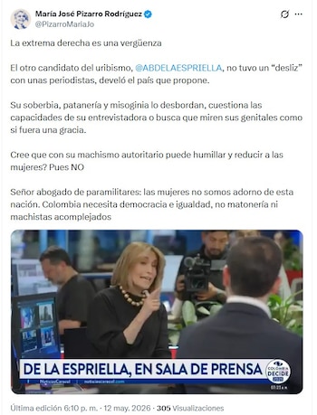 María José Pizarro cuestionó con dureza a Abelardo de la Espriella tras el tenso intercambio que sostuvo con Malú Hernández - crédito @PizarroMariaJo/X