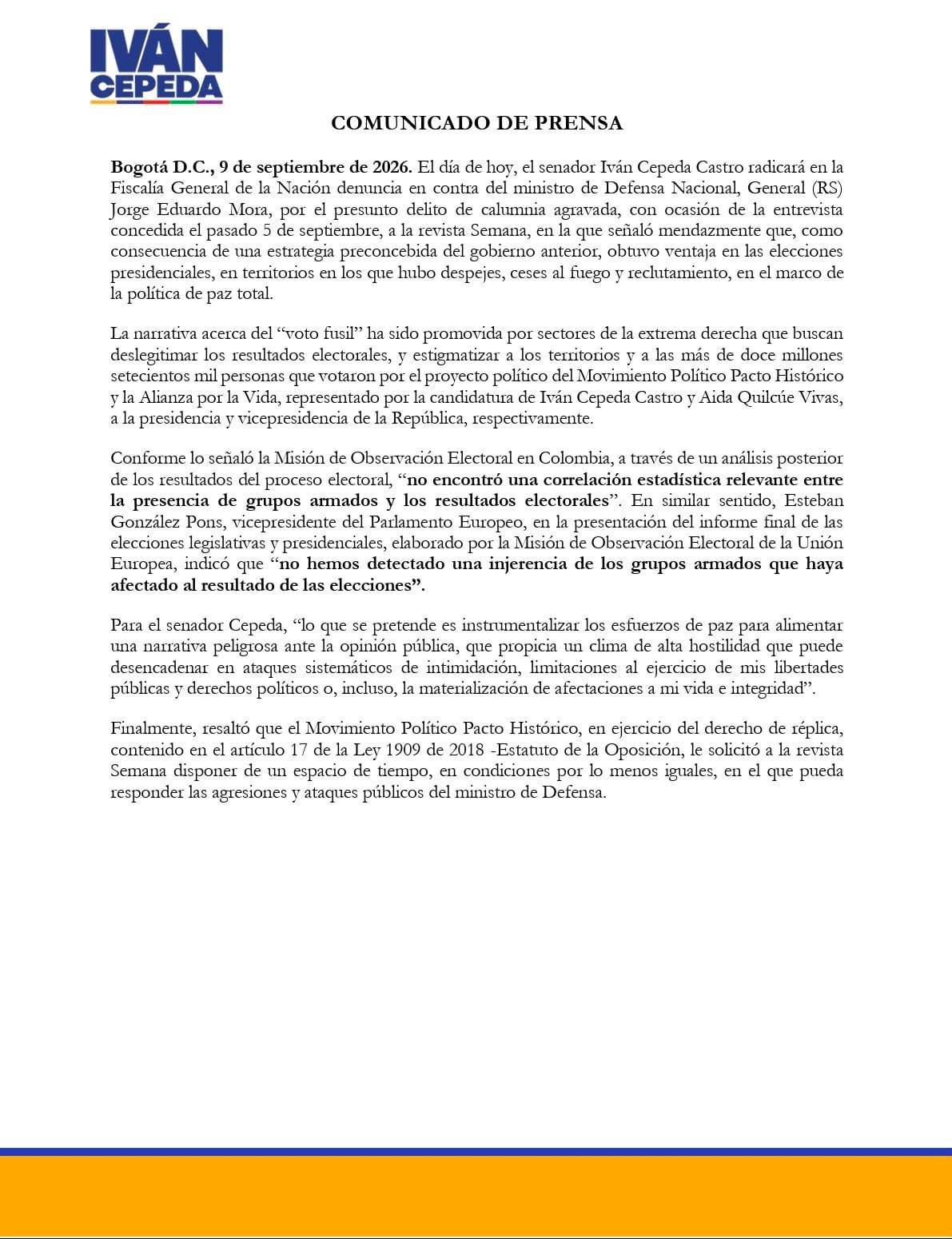 Iván Cepeda rechazó las afirmaciones y aseguró que buscan establecer una relación entre su resultado electoral - crédito @IvanCepedaCast/X