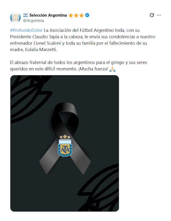 El comunicado de la AFA por la muerte de la mamá de Scaloni