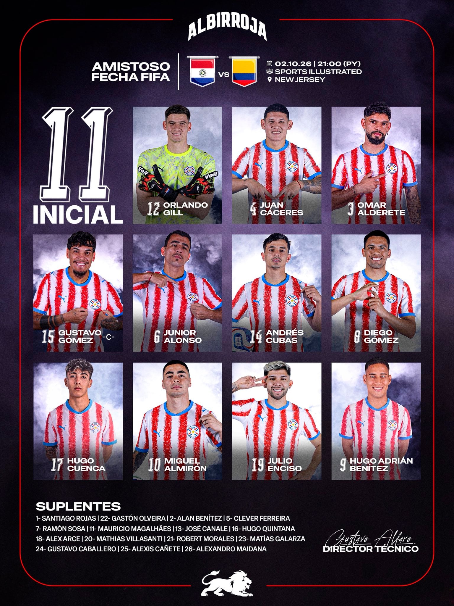 Alineación de Paraguay contra Colombia en el amistoso en el Sports Illustrated Stadium de Nueva Jersey - crédito @Albirroja/X
