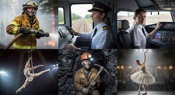Un bombero, una maquinista de tren, una mujer piloto, una acróbata aérea, un minero con pico y una bailarina de ballet.