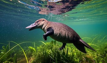 Ornitorrinco marrón con pico ancho y patas negras nadando en agua clara con vegetación verde en el fondo y reflejos de luz solar