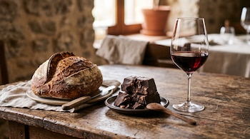 Un pan de masa madre en un plato, piezas de chocolate negro sobre un plato pequeño y una copa de vino tinto sobre una mesa de madera.