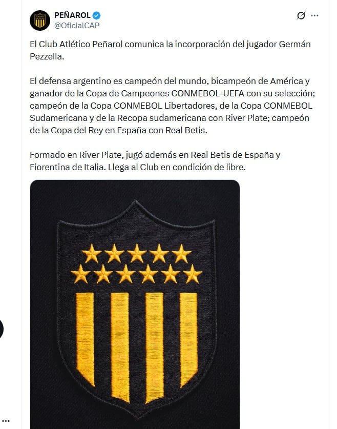 El anuncio de Peñarol por la contratación de Germán Pezzella