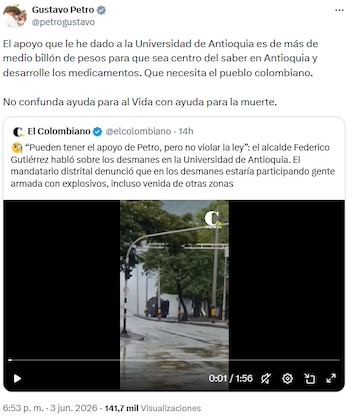 Gustavo Petro defendió inversión en la Universidad de Antioquia y rechazó vínculos con la violencia - crédito @petrogustavo/X