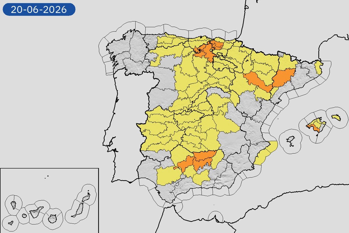 Avisos por altas temperaturas, tormentas y/o lluvias este sábado 20 de junio. (Aemet)