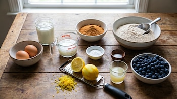 Ingredientes para hornear sobre mesa de madera: huevos, yogur, panela, harina, polvo de hornear, sal, limones, ralladura, jugo y arándanos.