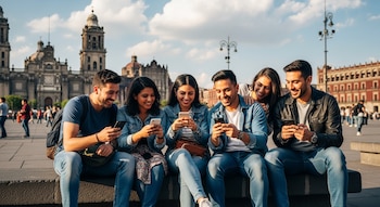 Cinco jóvenes sonrientes sentados en el Zócalo de Ciudad de México, usando sus celulares. Al fondo, la Catedral Metropolitana y otros edificios históricos.