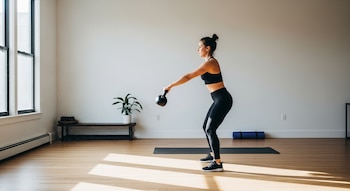 Una mujer en ropa deportiva negra realiza un swing con una pesa rusa en una habitación con piso de madera, paredes blancas y luz natural.