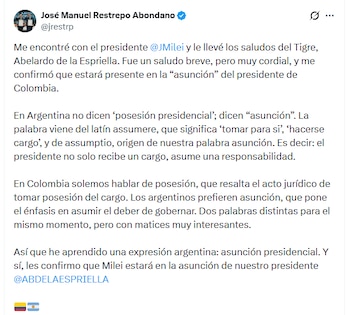 El vicepresidente electo resaltó la disposición del presidente argentino - crédito @jrestrp/X